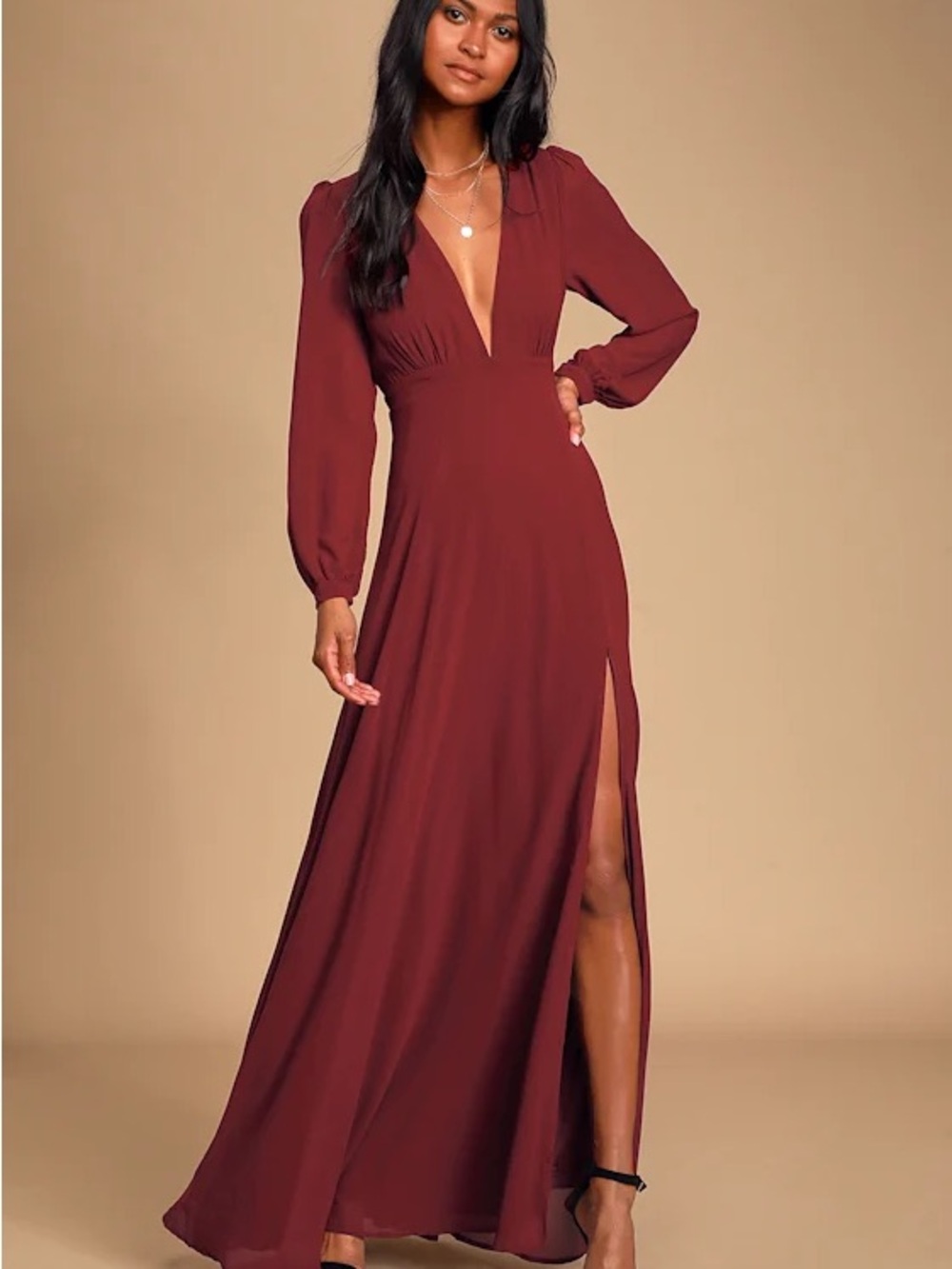 Lulu's Burgundy Long Sleeve Maxi Dress with Deep V & Thigh Slit